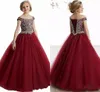 New Cheap Burgundy Red Teal Princess Girls Pageant Dresses Scoop Neck Crystal Beads Ball Gown Kids Party Birthday Gowns Flower Girls Dresses