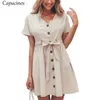 Casual katoen linnen knop zomer jurk vrouwen vintage v-hals korte mouw boog riem korte shirt jurken vrouwelijke vestidos