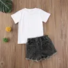 2020 Summer Fashion Girl Letter Tops de manga curta+shorts de jeans rasgados Jean 2pcs