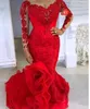 2021 Red Mermaid Abendkleider Lange Scoop Spitze Appliques Rüschen Pailletten Plus Größe Prom Kleid Dubai Arabisch vestidos Lange Ärmel 3050