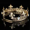 Men039s Imperial Medieval Gold King Couronne ronde complète Tiara Cristal Strass Réglable Fleur De Lis Décor Diadem Party Costum1613466