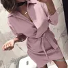 fashion-ELSVIOS 2019 Femmes D'été Chemise Robe Casual solide À Manches Longues Col Rabattu High Street Robe Blet Robes De Bureau Élégantes