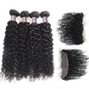 Ishow Peruvian Hair Weave Brasilianska Human Hair Buntar Med Avslutning Kinky Curly 4PCs med spets frontal Virgin Hair Extensions