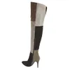 Venda Quente-Nova Moda Botas Lady Sapatos Sharp pontiaguedores de cor misturada bloco de alto salto alto inverno coxa-alta botas mulheres sapatos botas