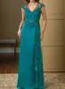 Turquoise A-ligne robes de soirée col en V dentelle appliques en mousseline de soie mère de la mariée robes personnalisé mère perles marraine robes DH1119