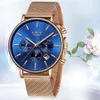 Lige Women Fashion Gold Blue Quartz Watch Lady Mesh Watchband High Quality Casual Waterproof Wristwatch Moon Phase Clock Women Y19070603