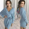 Women Long Sleeve Sweater Dress Sexy V-Neck Bodyon Mini Wrap Knitted Dress Ladies Backless Knit Cocktail Dresses with belt LJJA2686-1