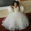 Flower Girls Dresses Jewel Neck Short Sleeves Lace Appliques Button Back Sash Beaded Long Ball Gown Pageant Kids Prom Gowns