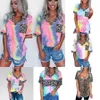 6 Colors Women Tie Dye Gradient Rainbow Short Sleeved T Shirt Leopard Splicing V Neck Casual Tunic Tops with Pocket M2135