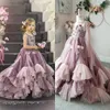 Старинные кружева Boho Flower Girl платья для свадьбы V образным вырезом 3D цветочные бисером Pageant платья тюль длина пола взъерошенные Первое причастие платье