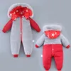 Dziecko Romper Winter Girl Boy Snowsuit Thermal Duck Down Futro Kapturem Kombinezon Noworodka Dzieci Zima Wspinaczka Ubrania Kostium Narciarski Kombinezony