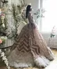 2020 Luxury Pink Evening Dresses With Detachable Overskirts High Neck Lace Mermaid Prom Dress Feather Beaded Plus Size Formal Party Gowns