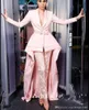 2023 New Pink Long Sleeve Jumpsuits Evening Dresses Deep V Neck With Sash Elegant Satin Guest Dress Prom Gowns vestidos de novia