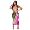 Tie Dye Print Dames Casual Tweedelige Set Crop Tank Top Bodycon Midi Rok Pakken Zomer Beachwear Clubwear Femme 2 Stks Outfits