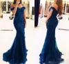 Navy Blue Off The Shoulder Prom Dresses Lace Applique Mermaid Sweep Train Beaded Long Party Gowns Formal Ocn Wear Vestido De Noche