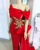 Rojo del hombro vestidos de noche formal árabe Aso Ebi 2020 apliques de encaje con cuentas de las lentejuelas Partido Prom Vestidos de alta Dividir vestido más del tamaño AL6366