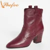 Burgundy Booties High Chunky Heels Pointed Toe Woman Slip On Large Size 11 15 For Ladies Mature Fashion Shoes Ankle Boots Shofoo