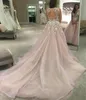 Rosa Sexig V Neck Backless Lace Prom Klänningar Mode A-Line Tulle Appliques Flower Court Train Vestido de Noiva Eleganta kvällsklänningar