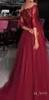 Sexy elegante dunkelrote burgundige Abendkleider von Schulter 3/4 Ärmeln Perlen Spitzen Applikation Eine Linie formelle Kleiderpartykleider Vestidos
