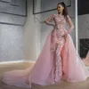 Sparkly Kralen Zeemeermin Galajurken met Afneembare Trein Arabisch Dubai Luxe Lange Mouwen Avondjurk 2020 Roze Formele Jurken278V