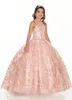 2022 Bling Rose Gold Mini Quinceanera Pageant Kleider für kleine Mädchen Glitzer Tüll Juwel Strass Perlen Partykleid Kleinkind Blumen