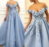 2019 Elegant Blue Prom Dresses Lace 3D Floral Appliqued Pearls Evening Dress A Line Off The Shoulder Custom Made Special Occasion Gowns