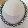 Stunning 9-10mm tahitian black baroque green pearl necklace 18 inches 14k gold