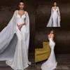 Dubai Arabisch Luxus Meerjungfrau Brautkleider mit abnehmbarem Wrap Chiffon Kristalle Spaghettiträger Pailletten Perlen Hochzeitskleid Brautkleider