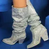 Hot venda- Inverno Luxo Cristal Mulheres Pointy Toe Joelho Botas Sexy Chunky Heel Bota Slip On Ladies Cavaleiro Botas Rhinestone Mulher Botas