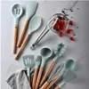 12PCS Silicone Cooking Utensils Set Non-stick Spatula Shovel Wooden Handle Cooking Tools Set With Storage Box Kitchen Tools Pink Red Green