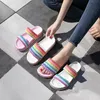 Chinelos de verão mulheres brilhando arco-íris fora corrediça corrediça engraçado ladra cristal sandálias plana chinelos praia slides casual plus tamanho 36-43