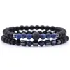 Bracelet à brins de perles en pierre naturelle pour hommes, Design populaire, Cool, 8MM, haute qualité, bijoux extensibles noirs, 2 pièces/ensemble