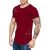 Camisetas para hombre, camisetas de cuello redondo con ajuste holgado de Color liso rasgado para hombre, camisetas de manga corta curvadas ahuecadas informales Top1