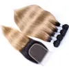 Ombre Blonde Hair Bundure Closure 1B 27 Honey Blonde Brazilian Straight Hair Remy Human Hair Extensions 4 번들 4x4 레이스 클로저