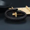 Por atacado preto genuíno couro pulseira pulseira de aço inoxidável fivela magnética pulseiras pulseiras homens e mulheres jóias