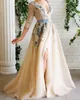 Şık Çiçek Aplike Gelinlik Modelleri Derin V Yaka Bir Çizgi Yan Bölünmüş Abiye Giyim Artı boyutu Kat Uzunluk Tül Uzun Kollu Resmi elbise