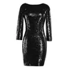 Women Sequin Formal Runway Party Dress One Piece Round Collar 3/4 Sleeve Back Zipper Pencil Dress 2020 Ladies Glitter Mini