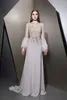 Elegant Prom Dresses Lace Beads Crystal Long Sleeve Feather Evening Gowns Sweep Train A Line Formal Special Occasion Wear