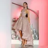 Hi Lo Sequined Prom Dresses Sleeveless High Collar Arabic Dubai Rose Gold Evening Dress Customize Cocktail Party Gowns Vestidos De Novia