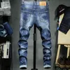 2019 nya mode män rippade hål jeans high street motorcykel biker jeans män hip humle slim blå byxor