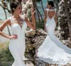 2020 Sexy zeemeermin trouwjurk mouwloze kant geappliceerd illusie terug boho bruidsjurk lange trein bruid jurk