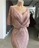 2020 Abiti da sera a sirena rosa Scollo a V Perline di pizzo Perle Sweep Train Prom Dress Cocktail Party Wear Immagine reale Abiti formali