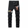 Men's Jeans 8 Colors Mens Ripped Fashion Embroidery Rose Men Light Blue Slim Fit Stretch Denim Pencil Pants 42