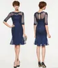 Navy Blue Sheath Mother Of The Bride Wedding Dresses Knee Length Mother's Dresses Short Sleeves Evening Gown