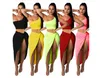 Été femmes Sexy 2 deux pièces ensemble robe femmes vêtements à manches longues Transparent haut court + taille haute Midi jupes automne tenue