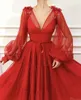 Red Muslim Evening Dresses 2019 A-Line Long Sleeves lace V-Neck Tulle Islamic Dubai Saudi Arabic Formal Evening Gown Long Prom Dress