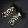 Elegant svart Bowknot Long Tassel Pearl Earring Bridal Bröllop Charm Drop Earrings Party Smycken