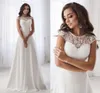 Cheap Scoop Neck Lace Wedding Dress 2020 Sleeveless Pleats Belt Chiffon Beach Wedding Dresses Robe De Soiree Open Back Casamento