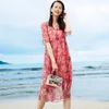 Al por mayor-Boho Beach Summer Dress 2019 Real Silk Vintage Floral Dress Mujeres Casual Pink Midi Elegant Ladies Vestidos Vestidos 89266