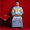 Homens antigos mostram traje azul marinho Noivo Wedding clássico Cheongsam Estilo chinês Longa Robe vestido Stage Desempenho brinde roupas